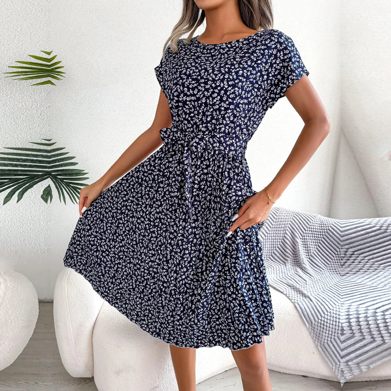 Women Spring Summer Short Sleeve High Waist Chic Dress Fashion Floral Pleated A Line Long Dress