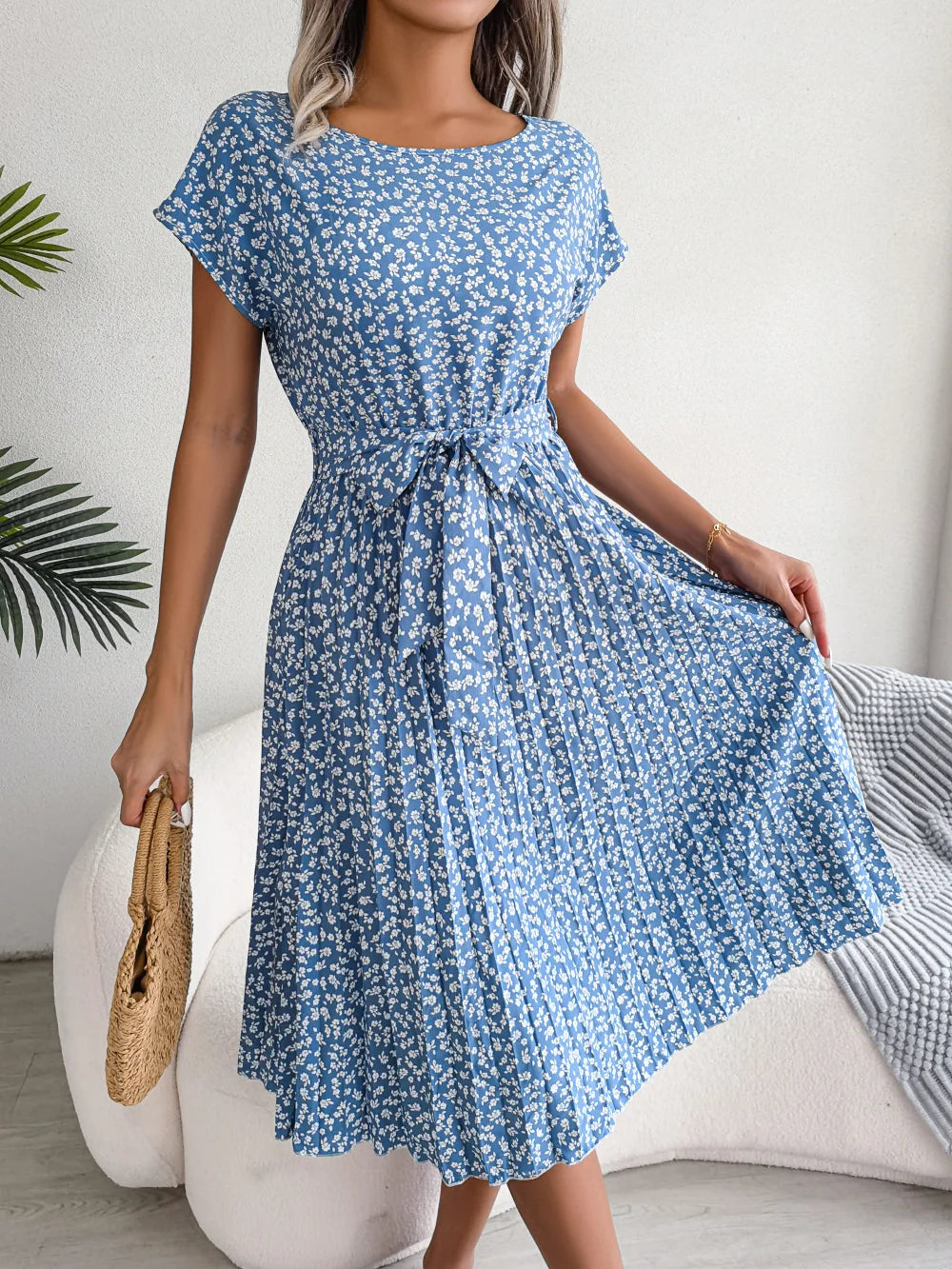 Women Spring Summer Short Sleeve High Waist Chic Dress Fashion Floral Pleated A Line Long Dress