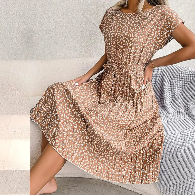 Women Spring Summer Short Sleeve High Waist Chic Dress Fashion Floral Pleated A Line Long Dress